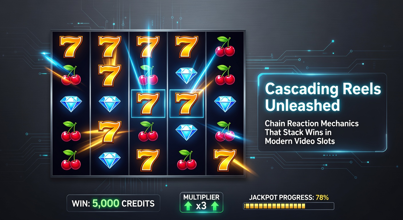 Nahaufnahme einer Kaskaden-Sequenz in einem Video-Slot, mit explodierenden Symbolen und steigenden Multiplikatoren
